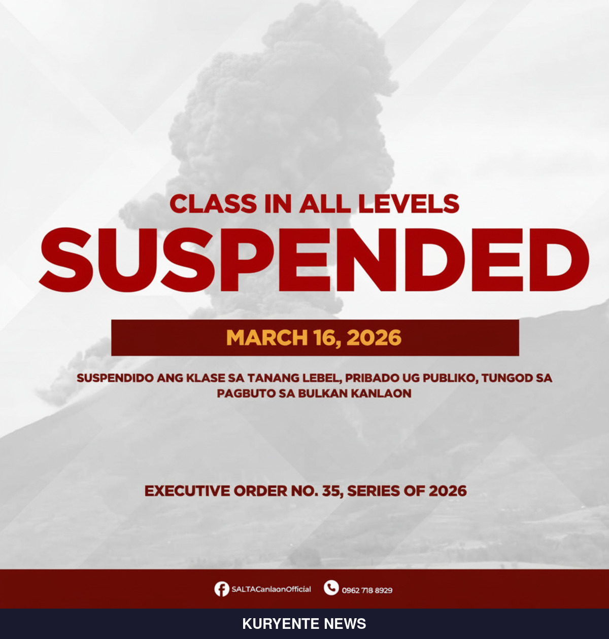 Kanlaon Volcano Alert Level 2: Classes Suspended in Canlaon City