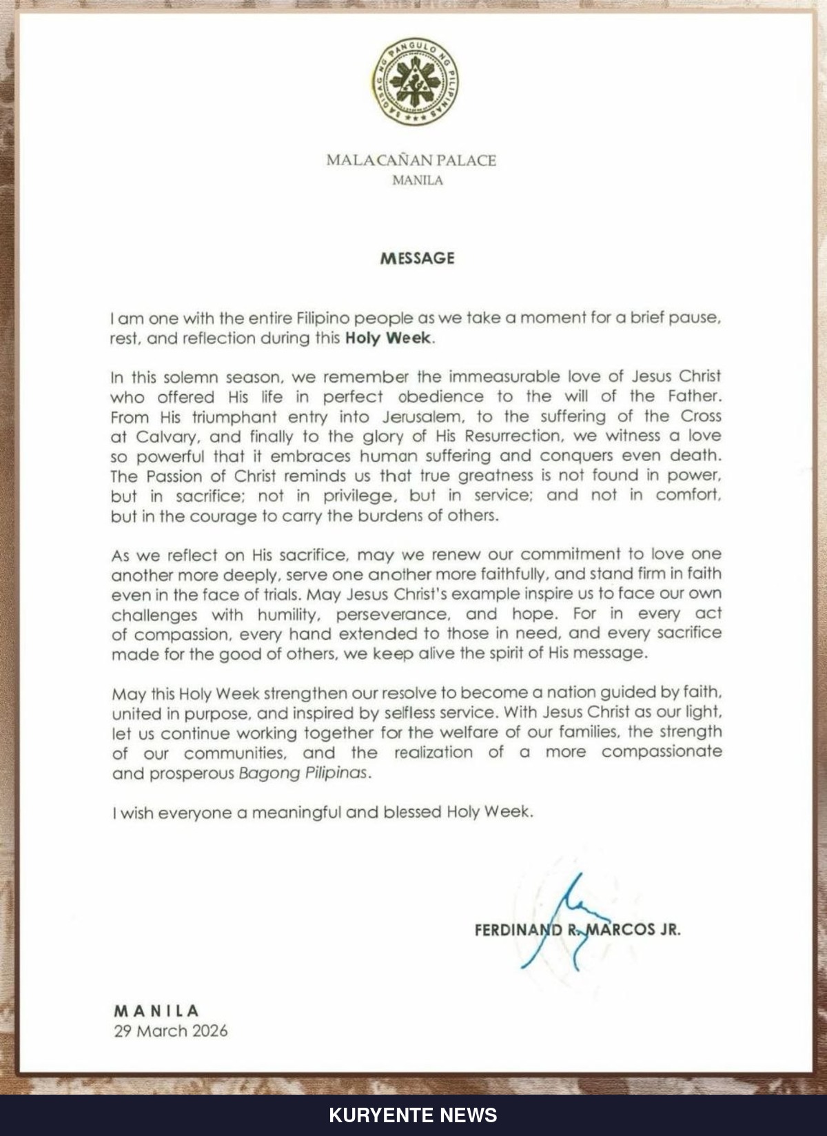 Marcos Calls for Unity, Compassion This Holy Week 2026