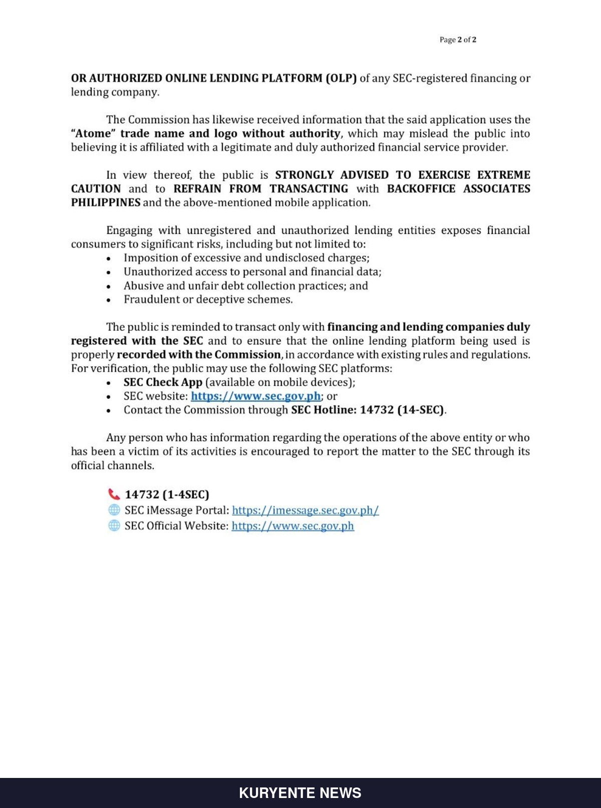 Philippines SEC Warns Public Against Backoffice Associates