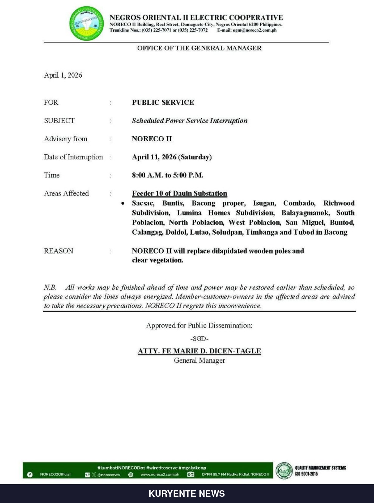 Bacong: NORECO II Announces 9-Hour Power Cut April 11