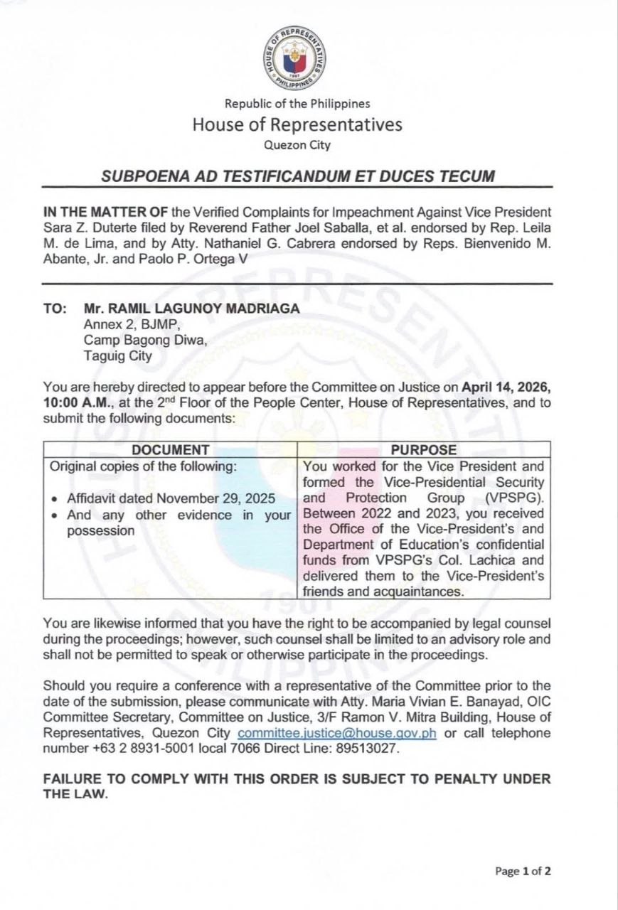 House Subpoenas VP Duterte Bagman for April 14 Hearing