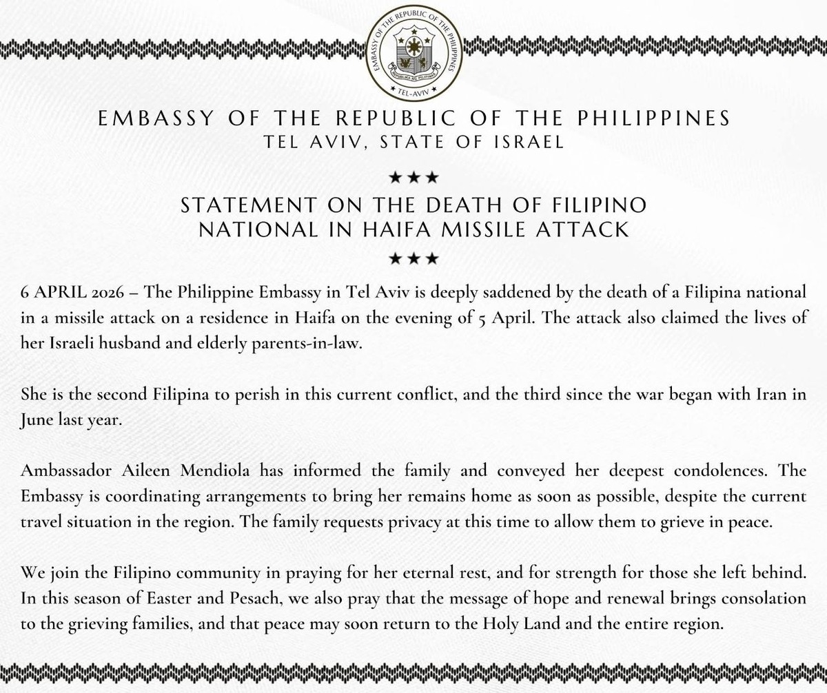 Filipino Dies in Haifa Missile Attack, Second War Death