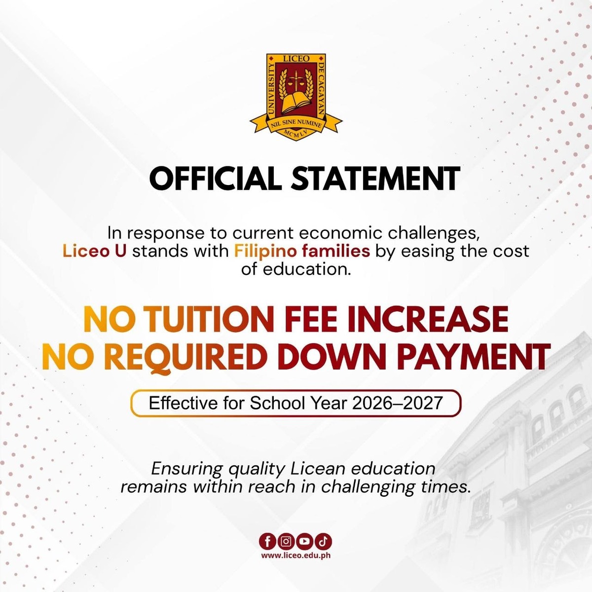 Liceo de Cagayan Freezes Tuition, Waives Down Payment