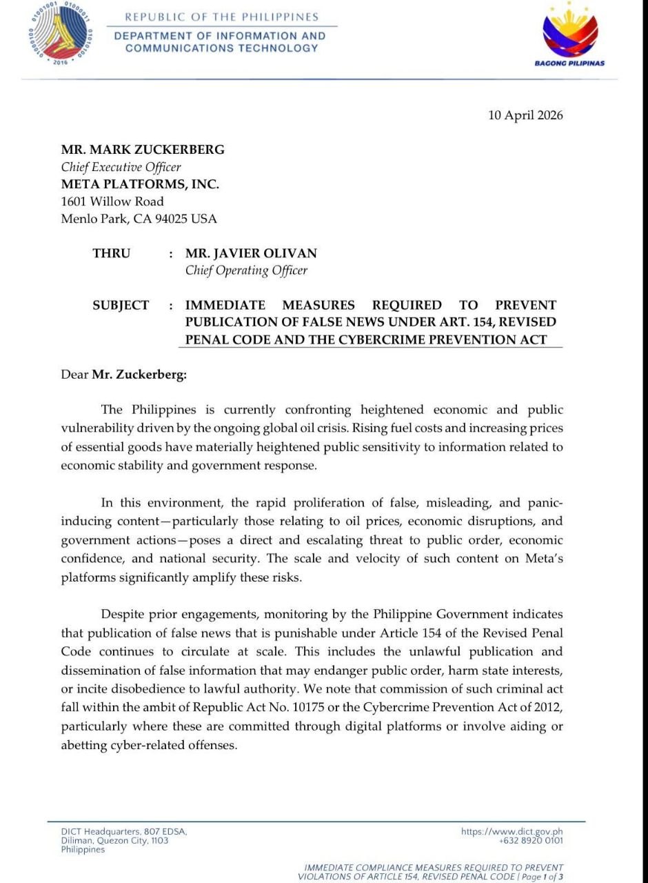 DICT Demands Meta Combat Fake News Amid Oil Crisis