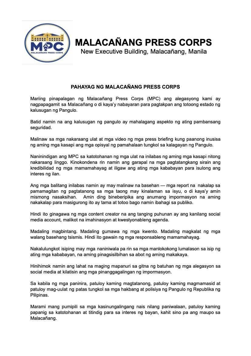 Media Corps Rejects Allegations Over Marcos Health Reports