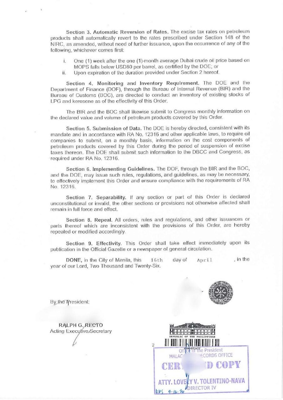 Marcos Suspends LPG, Kerosene Excise Tax for 3 Months