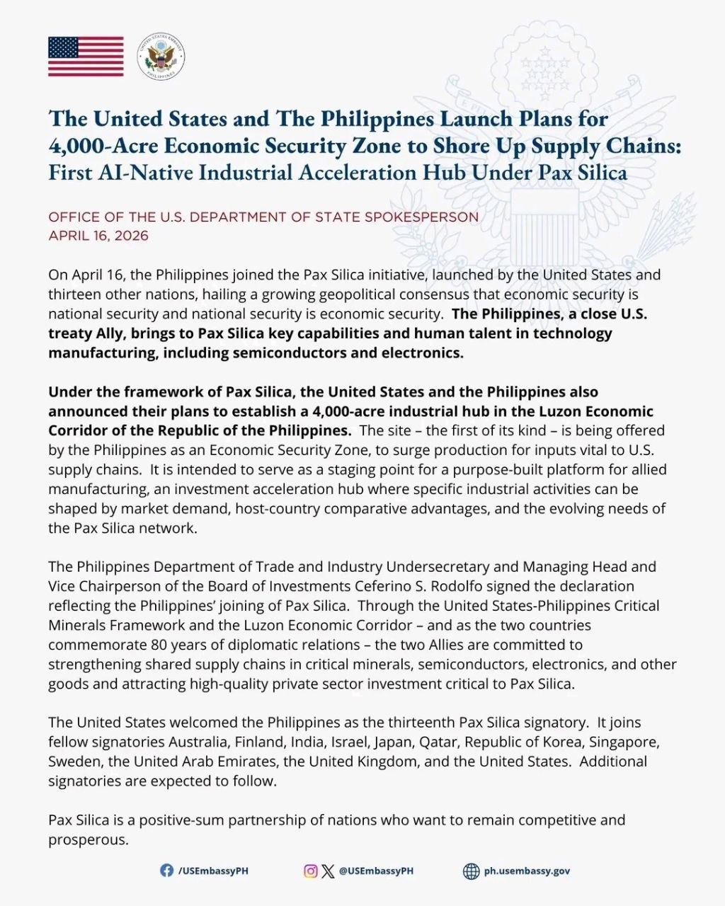US-Philippines Launch 4,000-Acre Economic Security Zone