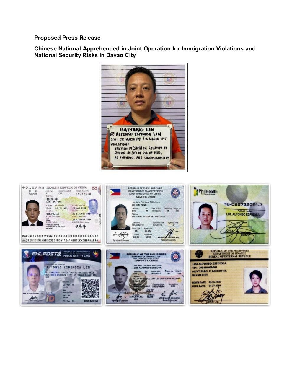 Chinese National Arrested in Davao for Identity Fraud