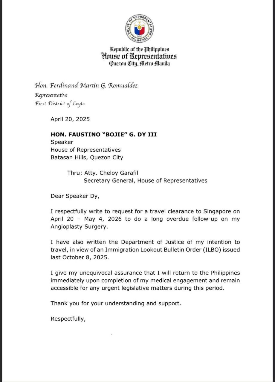 Romualdez Seeks Travel Clearance for Singapore Surgery