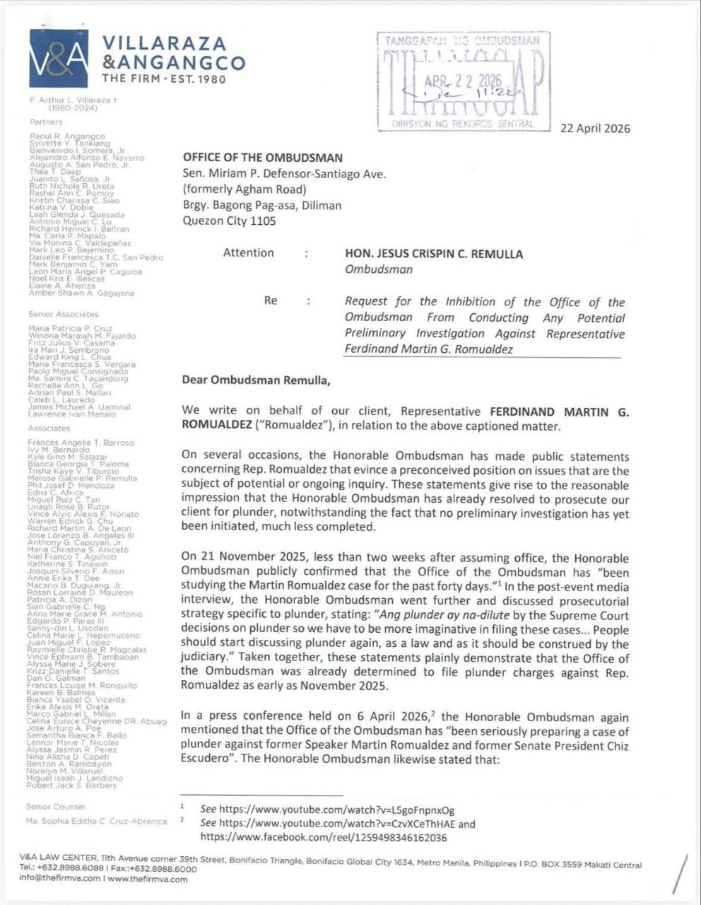 Leyte Rep. Romualdez Seeks Ombudsman's Inhibition