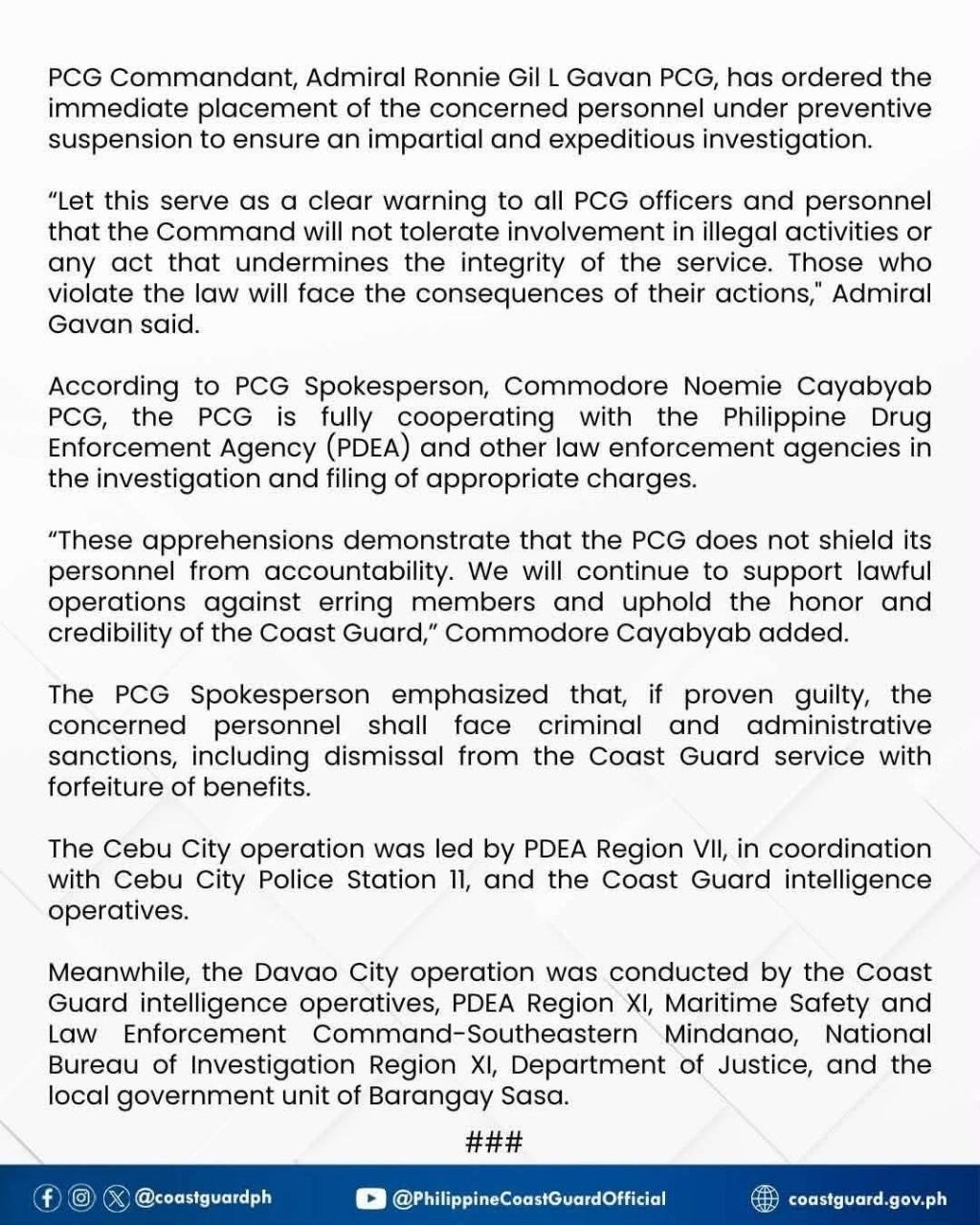 PCG Personnel Arrested in Cebu, Davao Drug Operations