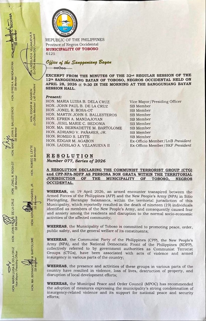 Toboso Bans CPP-NPA After Deadly April 19 Encounter