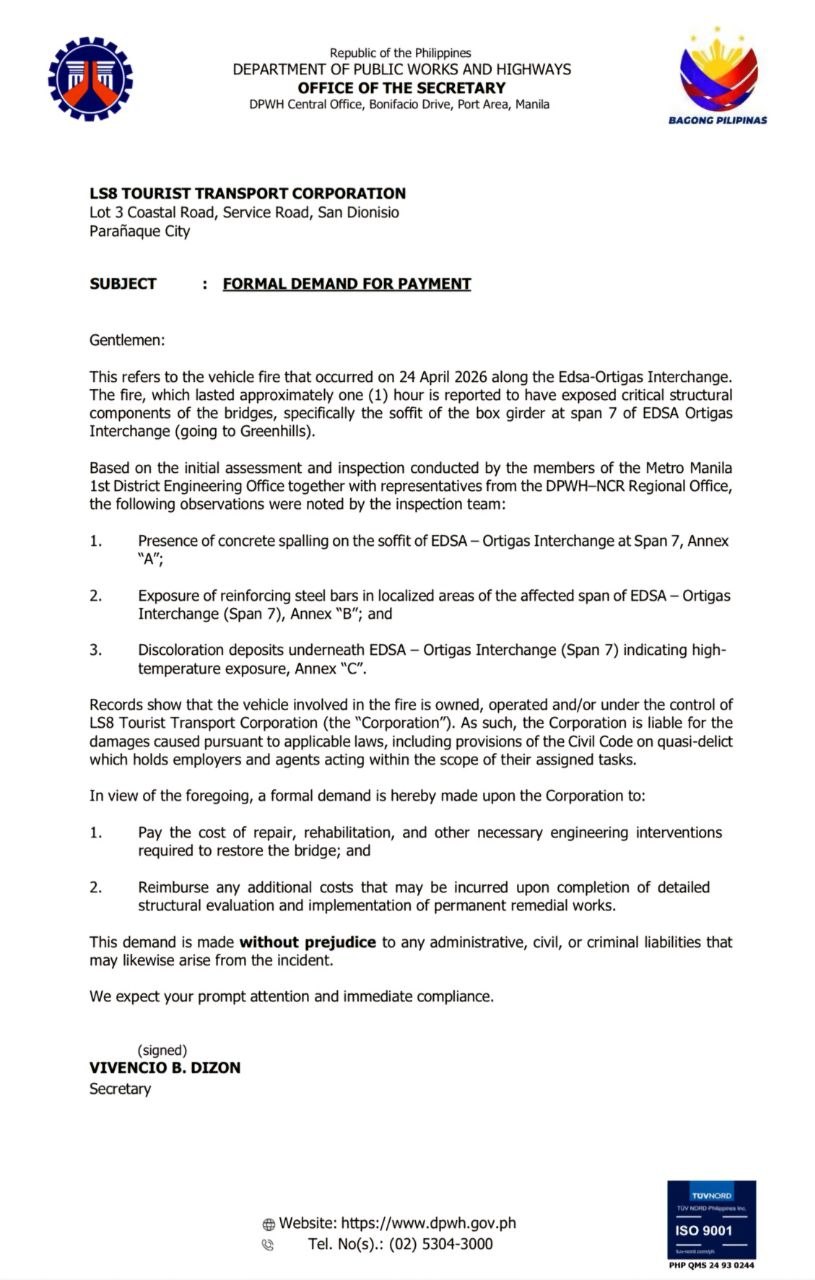 DPWH Demands Bus Company Pay for EDSA Bridge Repairs