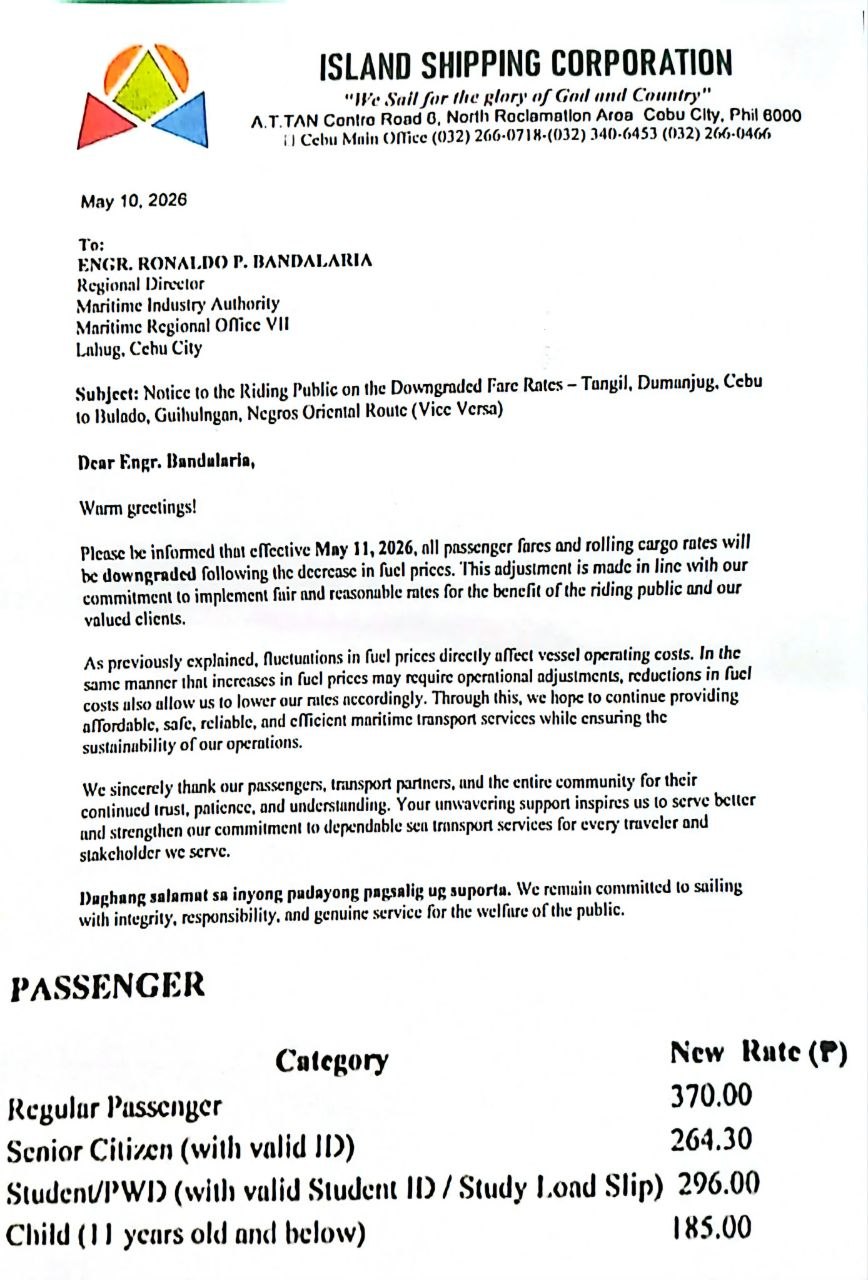 Guihulngan–Dumanjug Ferry Fares Cut Starting May 11