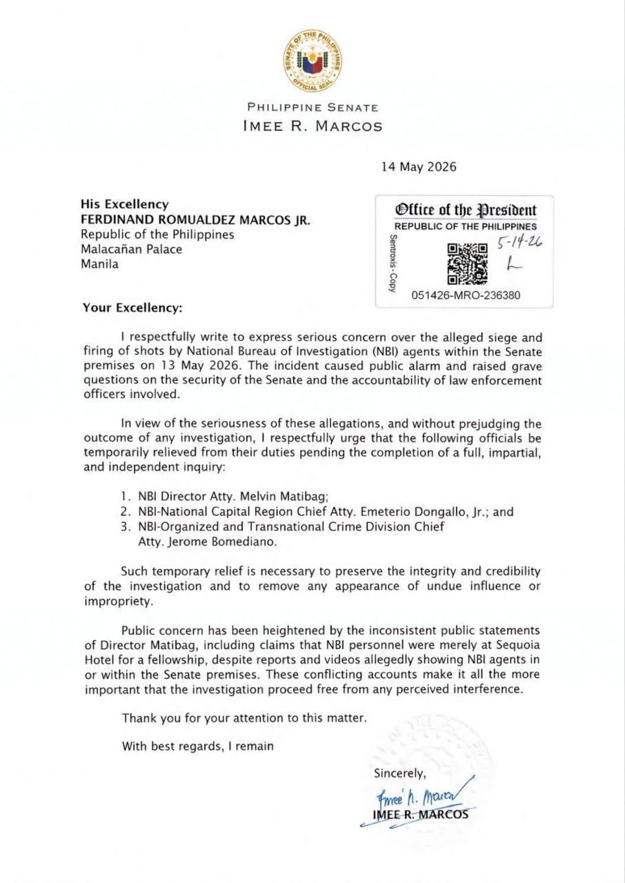 Imee Marcos Urges BBM to Relieve 3 NBI Officials
