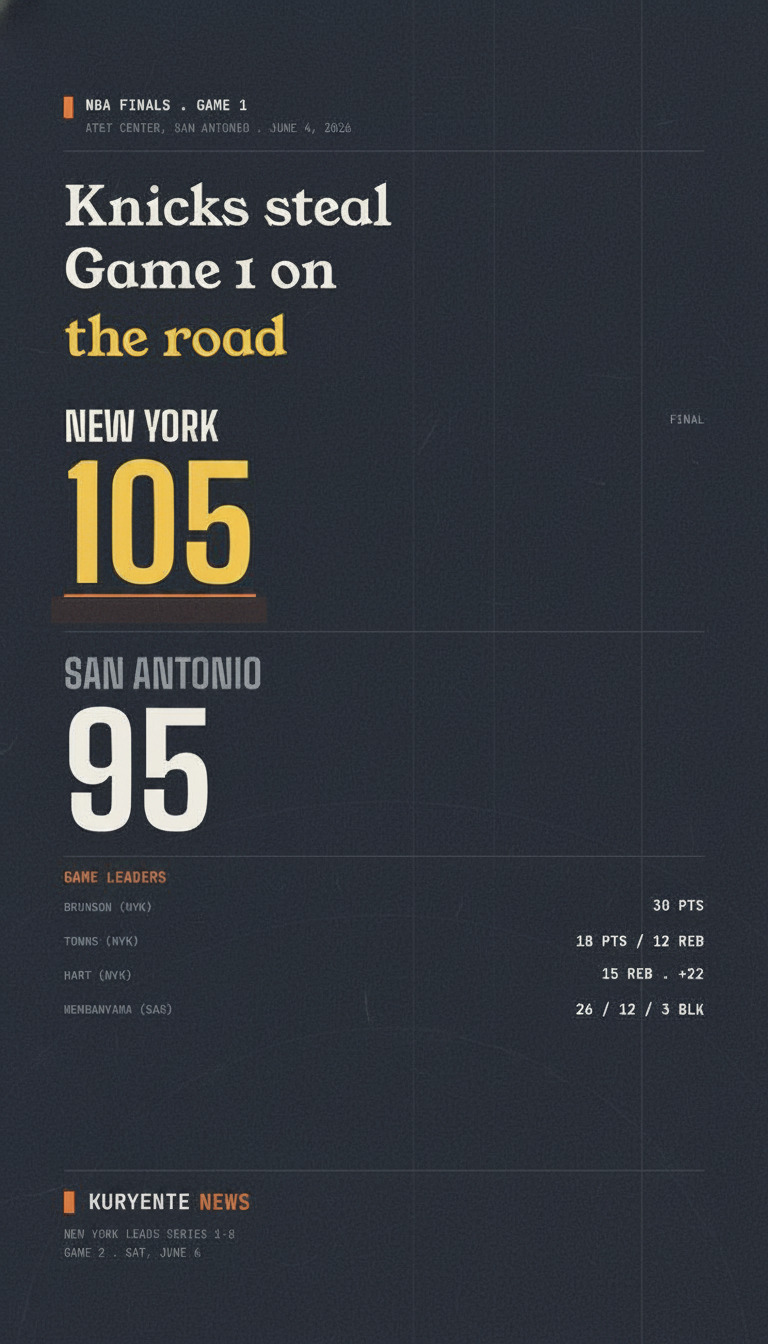 Knicks Stun Spurs 105-95, Take Game 1 NBA Finals Lead