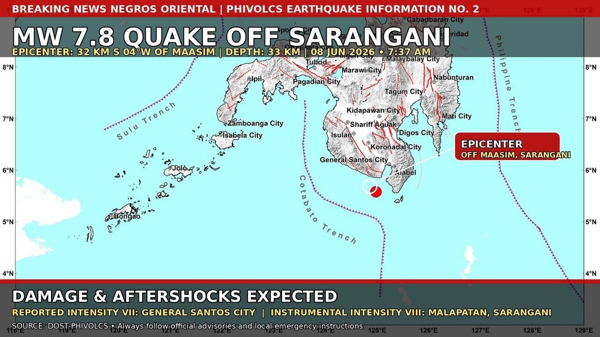 Magnitude 7.8 quake off Sarangani triggers tsunami warning