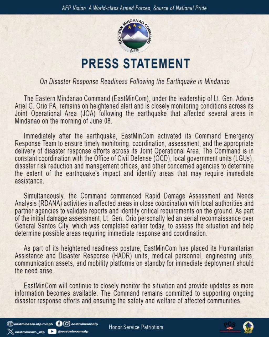 AFP on Alert After June 8 Mindanao Earthquake