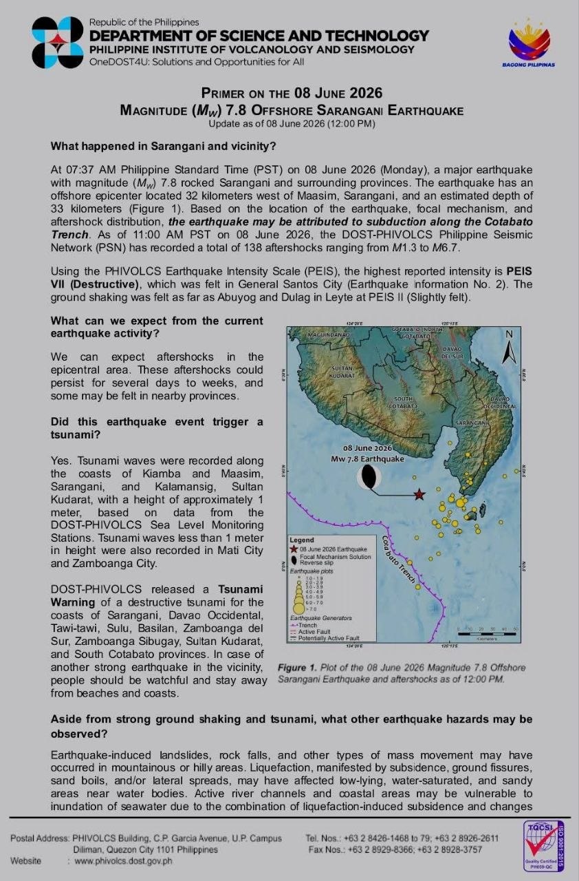 Magnitude 7.8 Earthquake Strikes Offshore Sarangani — June 8, 2026