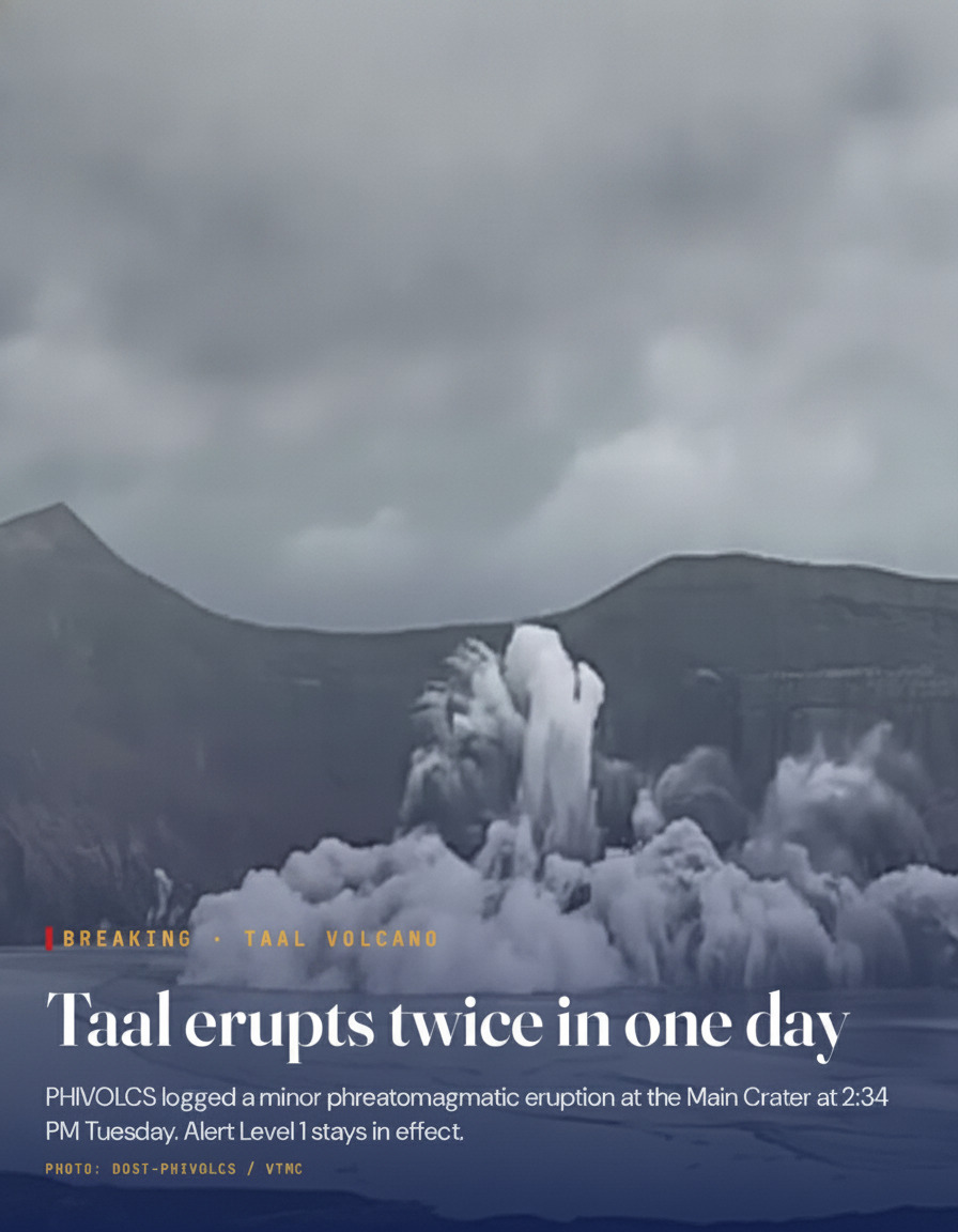 Taal Volcano logs 2nd phreatomagmatic eruption in one day; Alert Level 1 stays