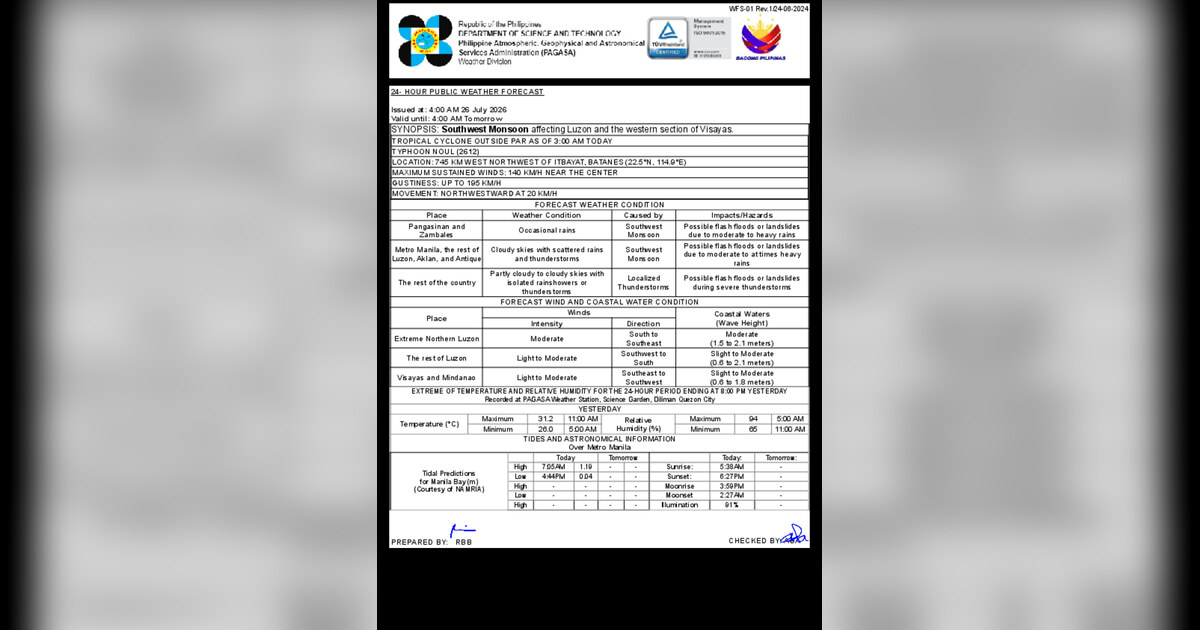 SW Monsoon, Typhoon Noul Bring Rains Across Luzon This Sunday — Sunday, July 26, 2026