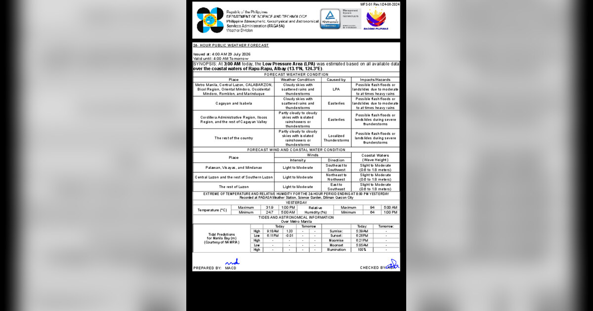 LPA Near Albay Brings Rains, Landslide Risk Across Luzon — Wednesday, July 29, 2026