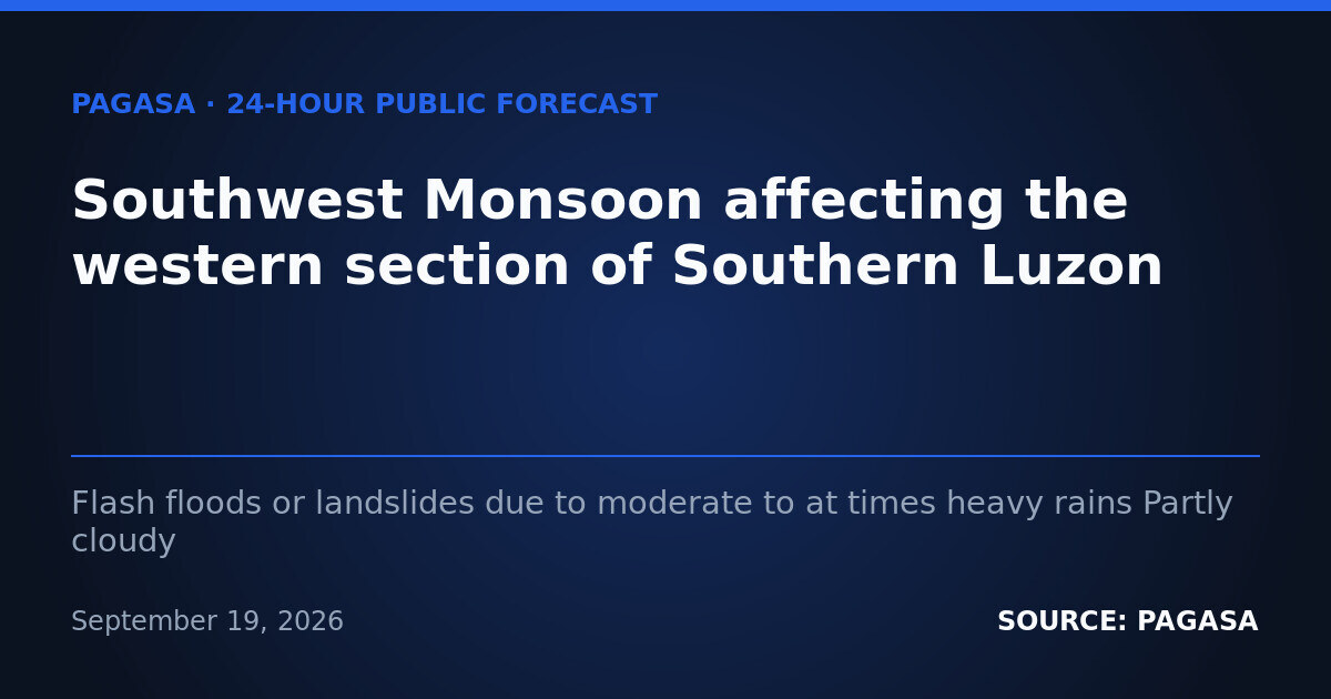 Southwest Monsoon Brings Rain Risks Across Philippines on Sept. 20 — Sunday, September 20, 2026