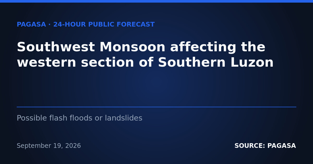 Southwest Monsoon Brings Rain Risks Across Philippines on Sept. 20 — Sunday, September 20, 2026