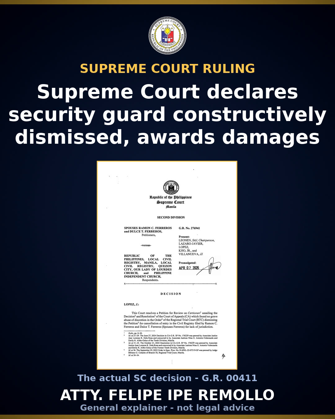 SC affirms security guard's illegal dismissal, orders backwages, damages