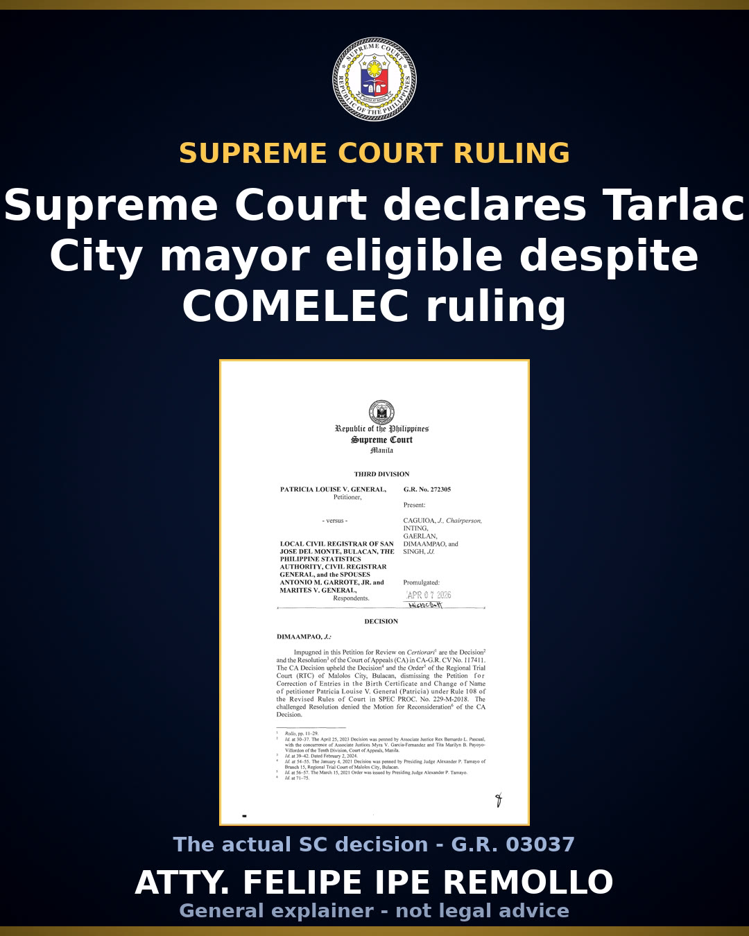 Supreme Court declares Yap-Sulit eligible as Tarlac City mayor
