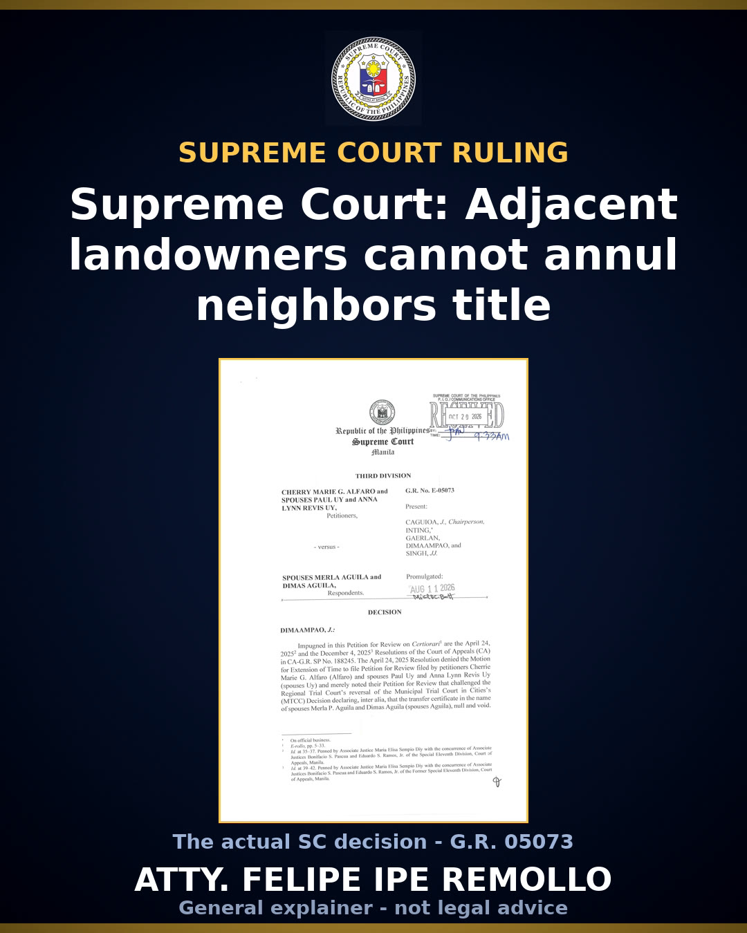 Supreme Court denies land title annulment petition by Alfaro, spouses Uy