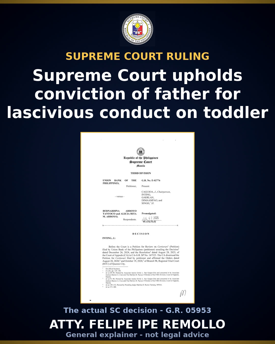 SC affirms father's conviction for acts of lasciviousness vs 2-year-old