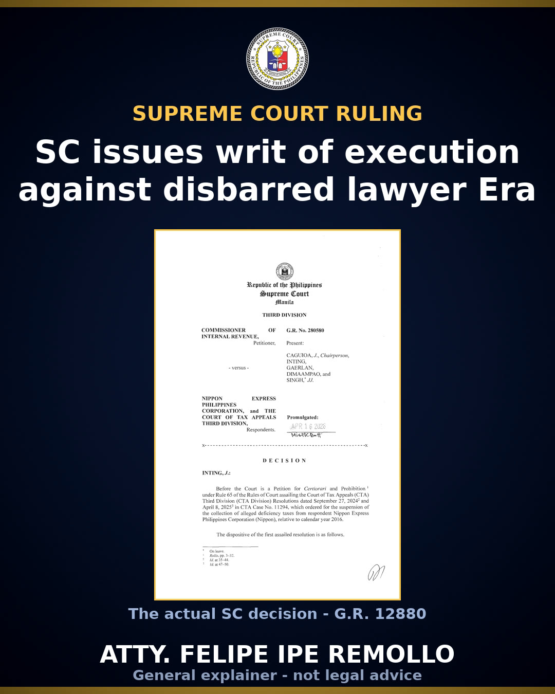 Disbarred lawyer Edgardo Era held in indirect contempt, ordered to pay LANECO