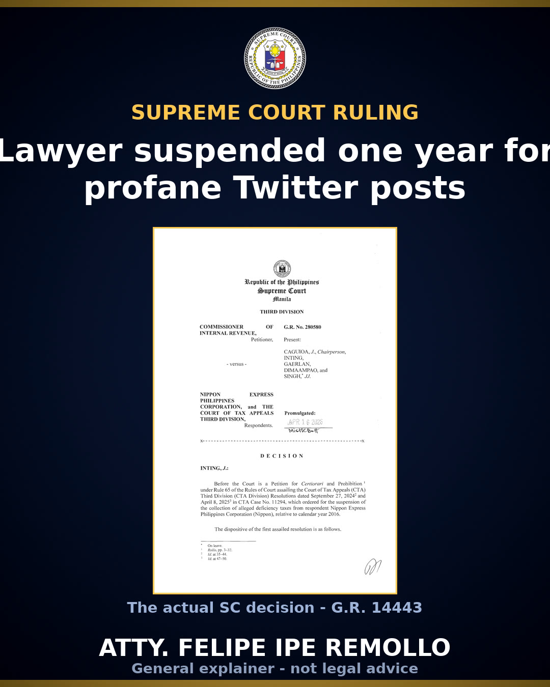SC suspends lawyer Falcis III one year over 'pakyu,' 'gaga' Twitter posts