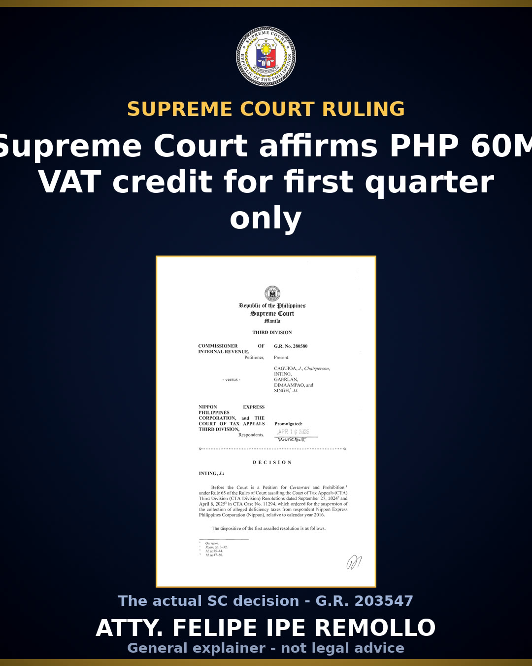 Supreme Court denies tax refund bid, affirms CTA ruling on Team Sual Corporation's input VAT claims