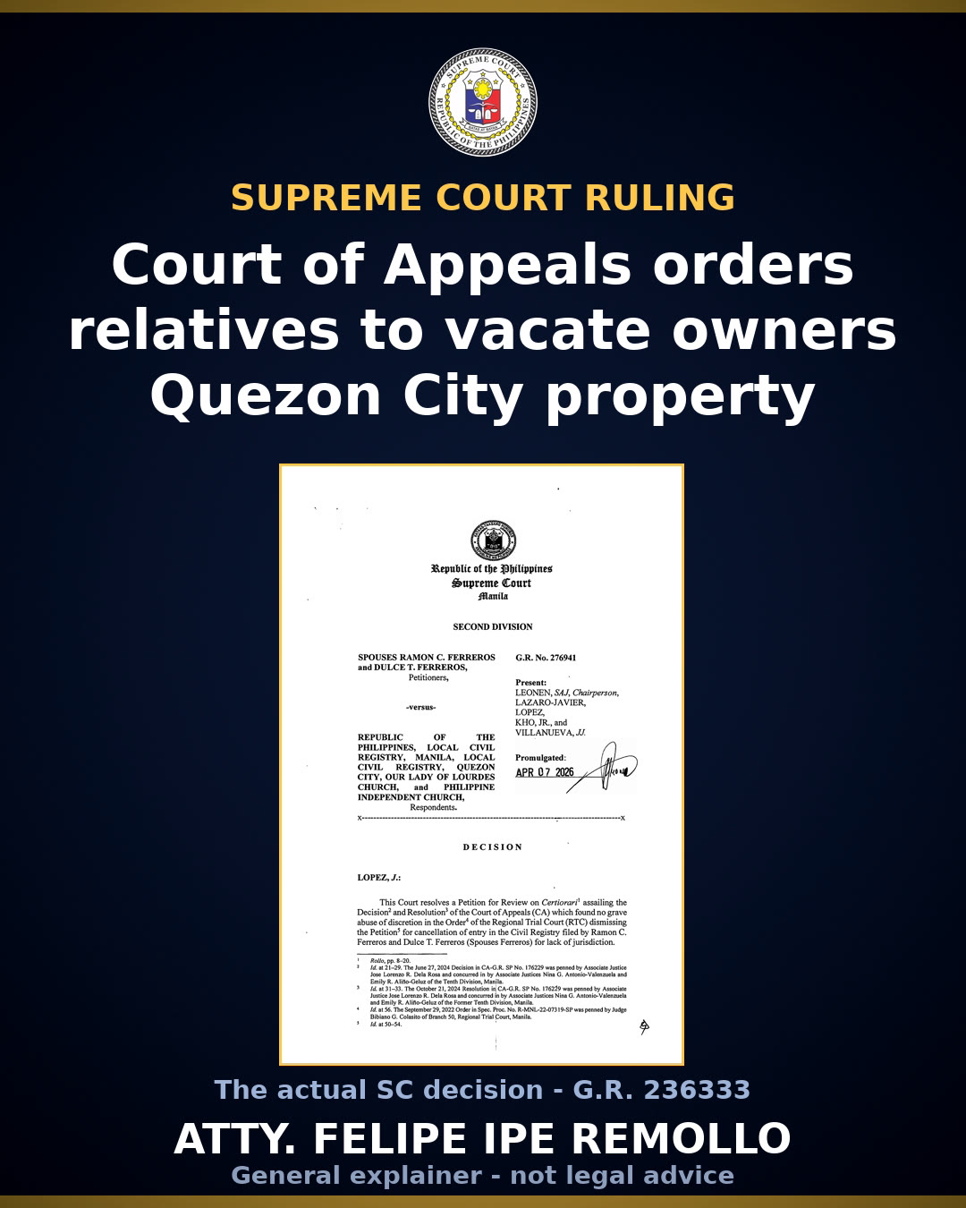 SC upholds ejectment of occupants in Quezon City property dispute