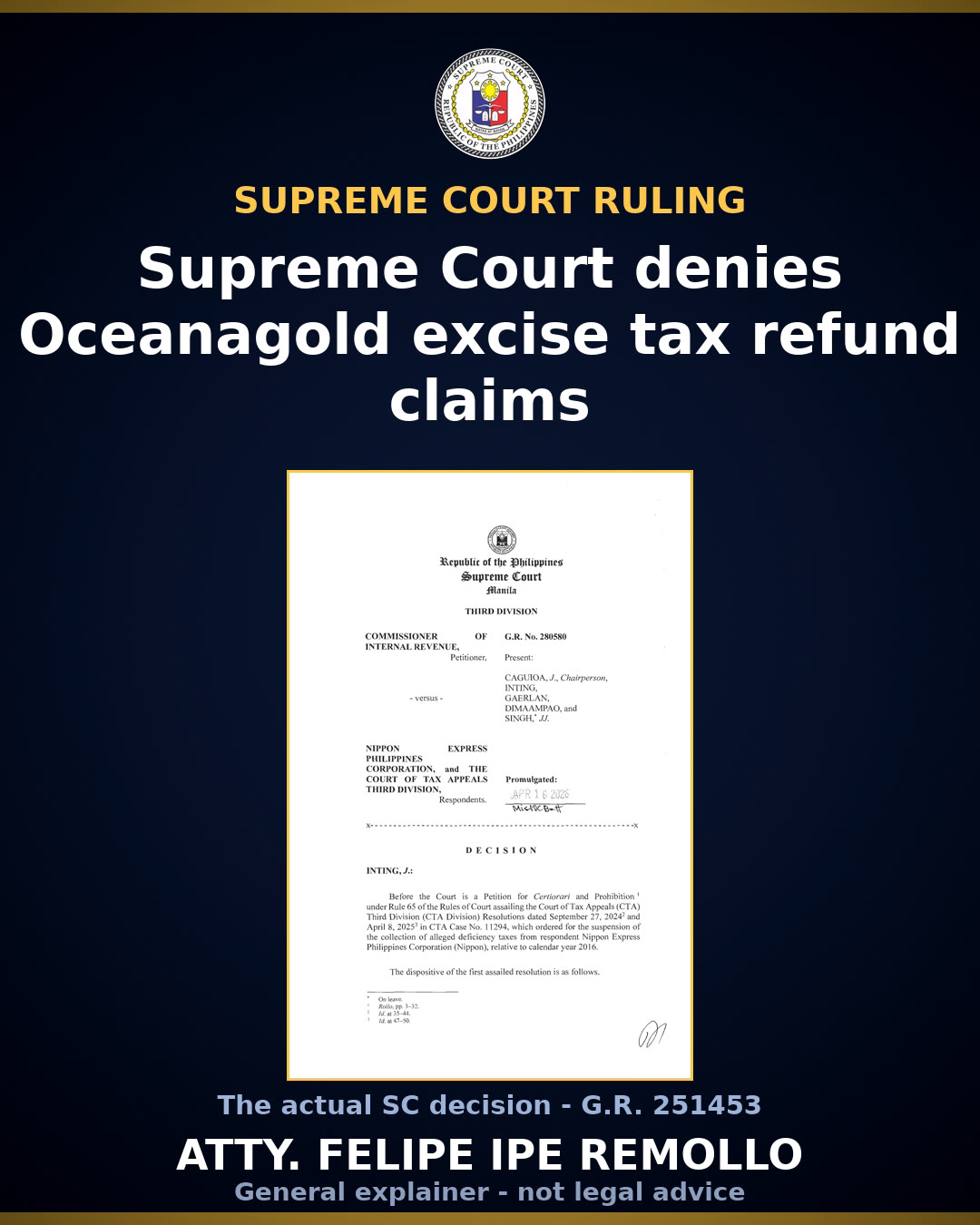 Supreme Court denies OceanaGold's claim for excise tax refund worth over PHP 205M