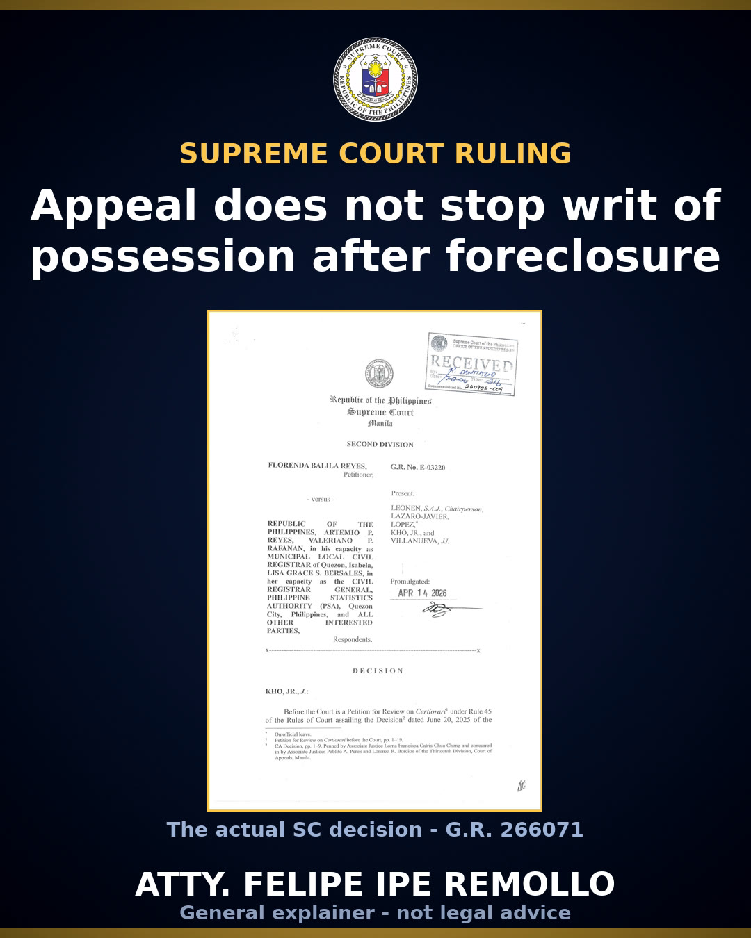 SC affirms: appeal does not stop writ of possession for PNB