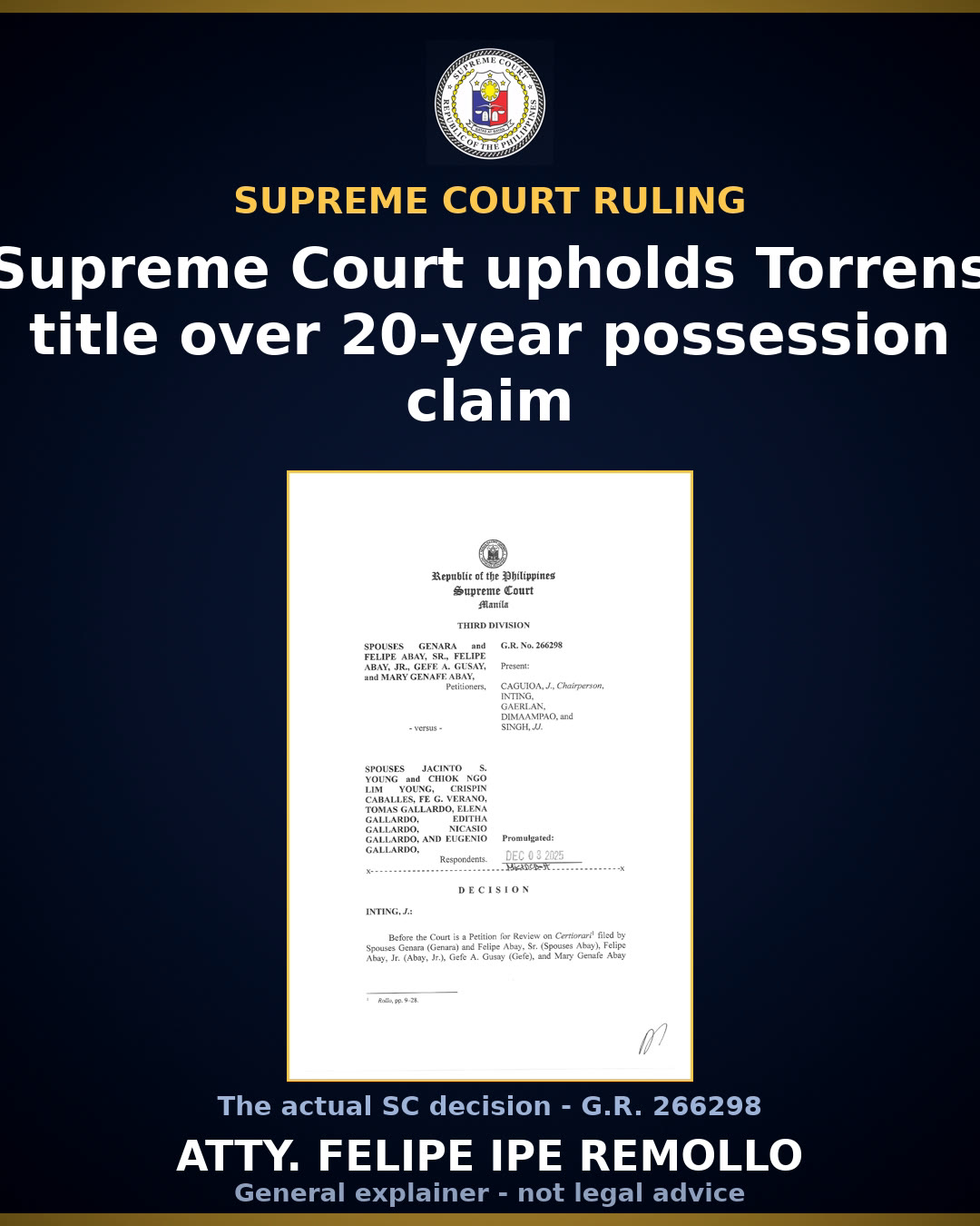 SC grants land dispute petition, orders reconveyance to Abay spouses