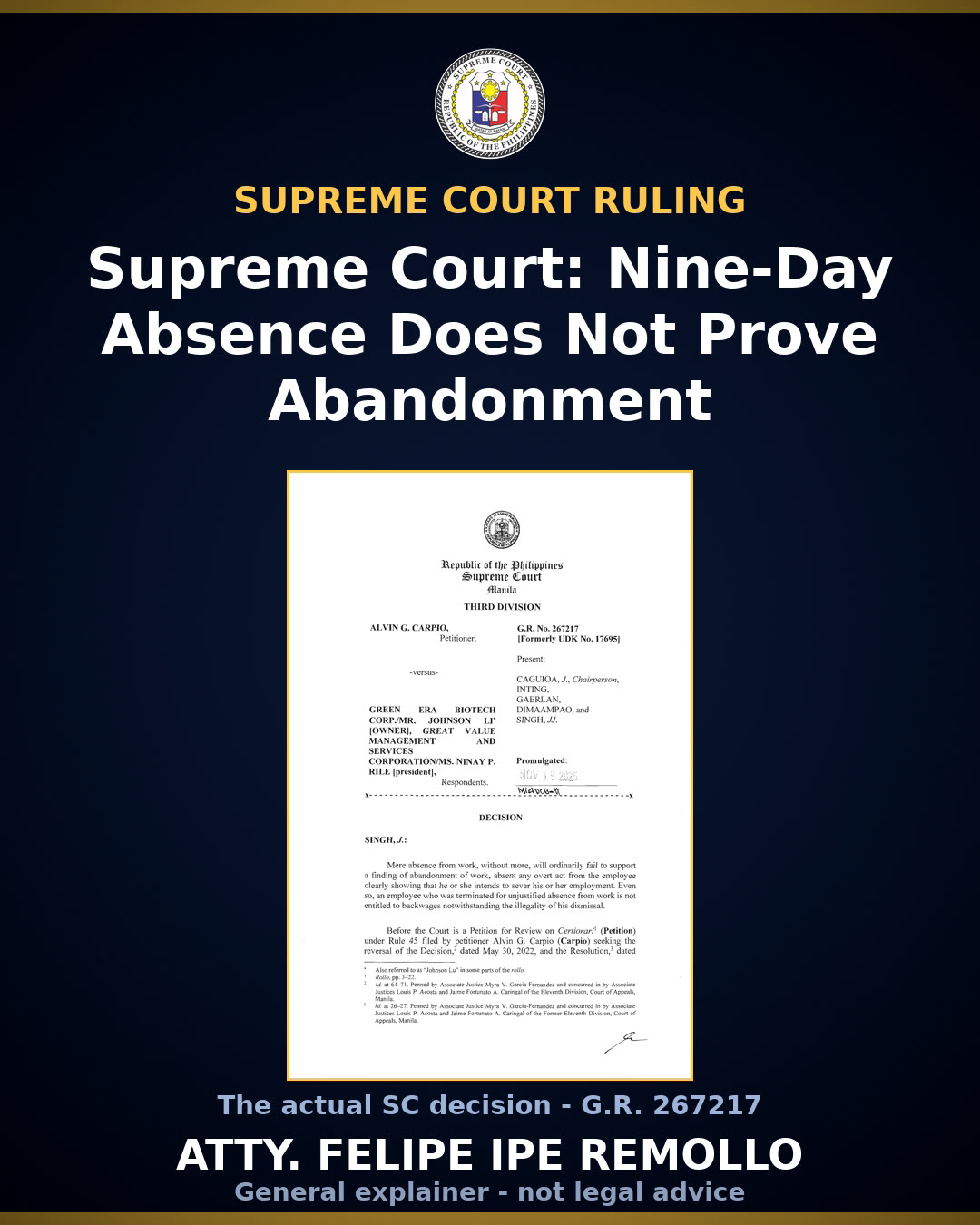 Supreme Court rules Alvin Carpio illegally dismissed, orders reinstatement
