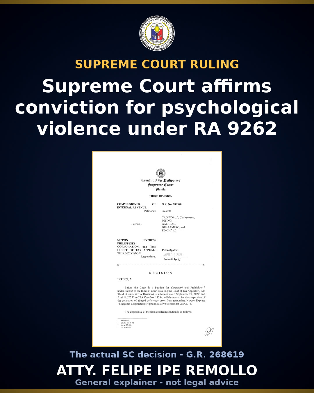 Supreme Court upholds conviction of lawyer for psychological violence under RA 9262