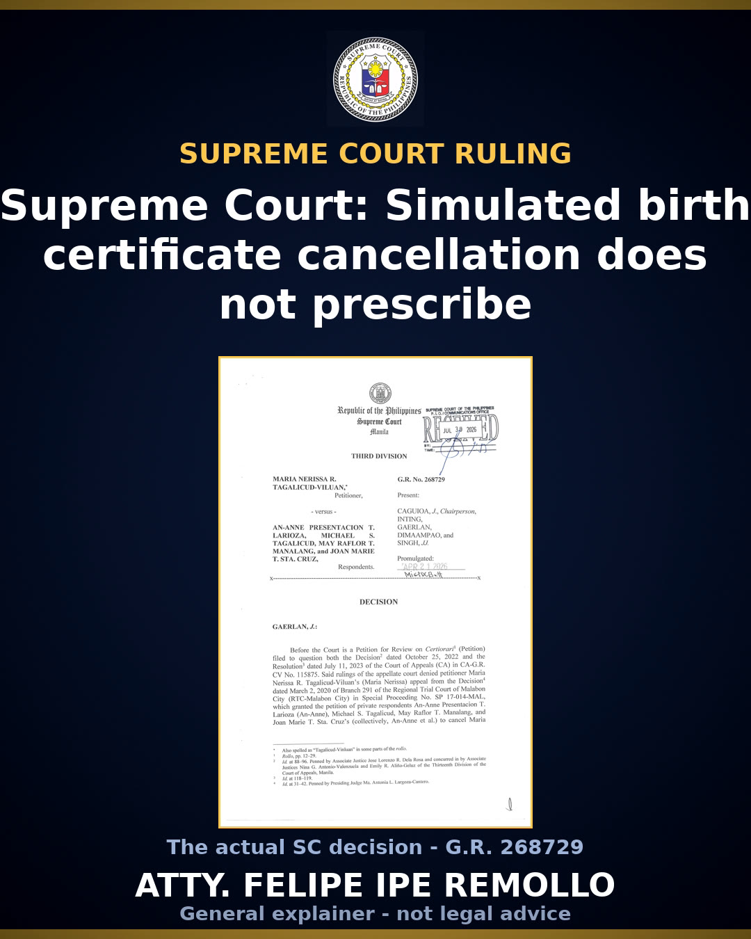 SC upholds cancellation of simulated birth certificate in Malabon case