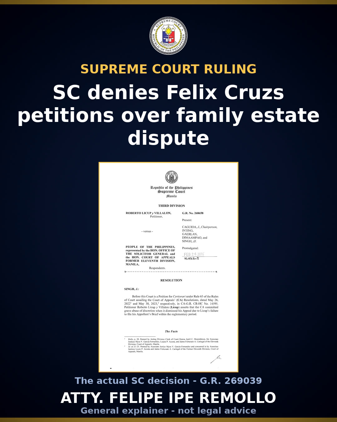 Supreme Court denies Felix Cruz's bid to void siblings' estate partition
