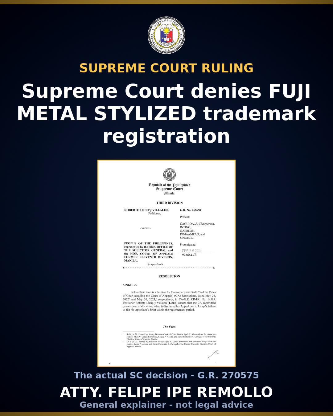 SC upholds denial of 'FUJI METAL STYLIZED' trademark registration