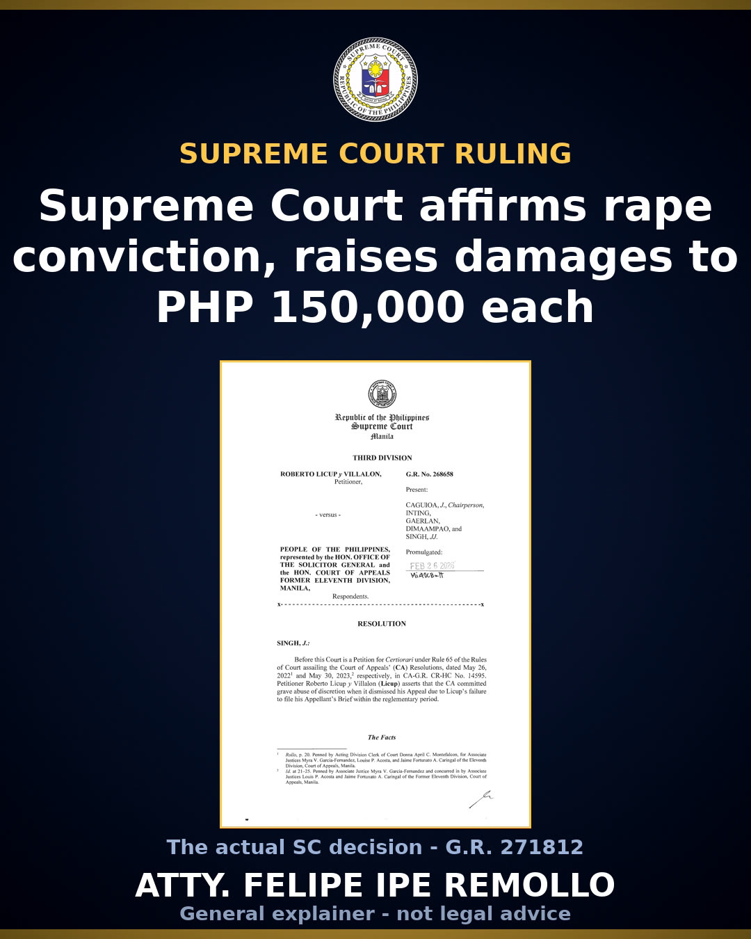 Supreme Court upholds rape conviction, raises damages to PHP 150,000 each