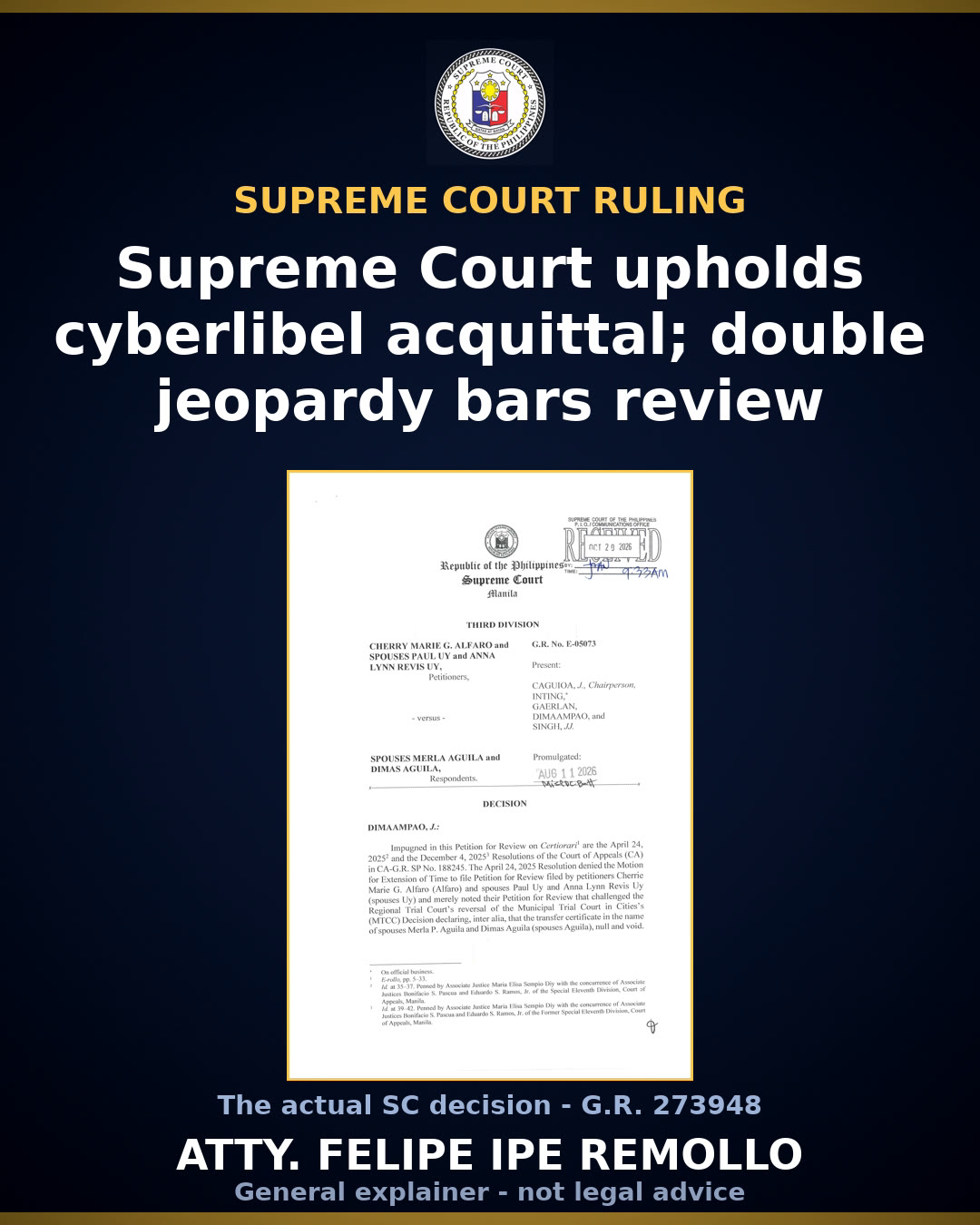 SC denies private complainant's appeal of libel acquittal, cites double jeopardy