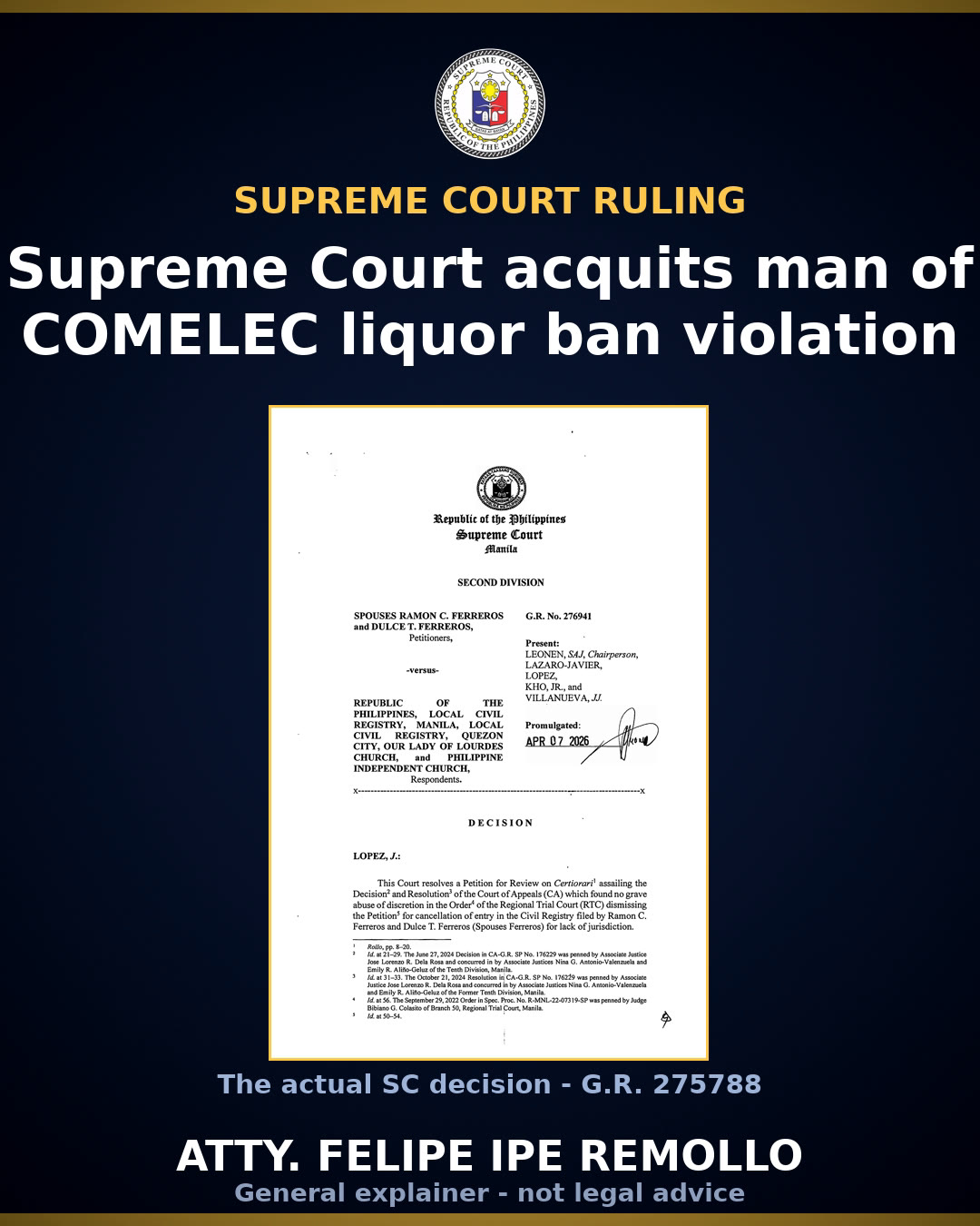 SC acquits man of election liquor ban violation in Iligan City