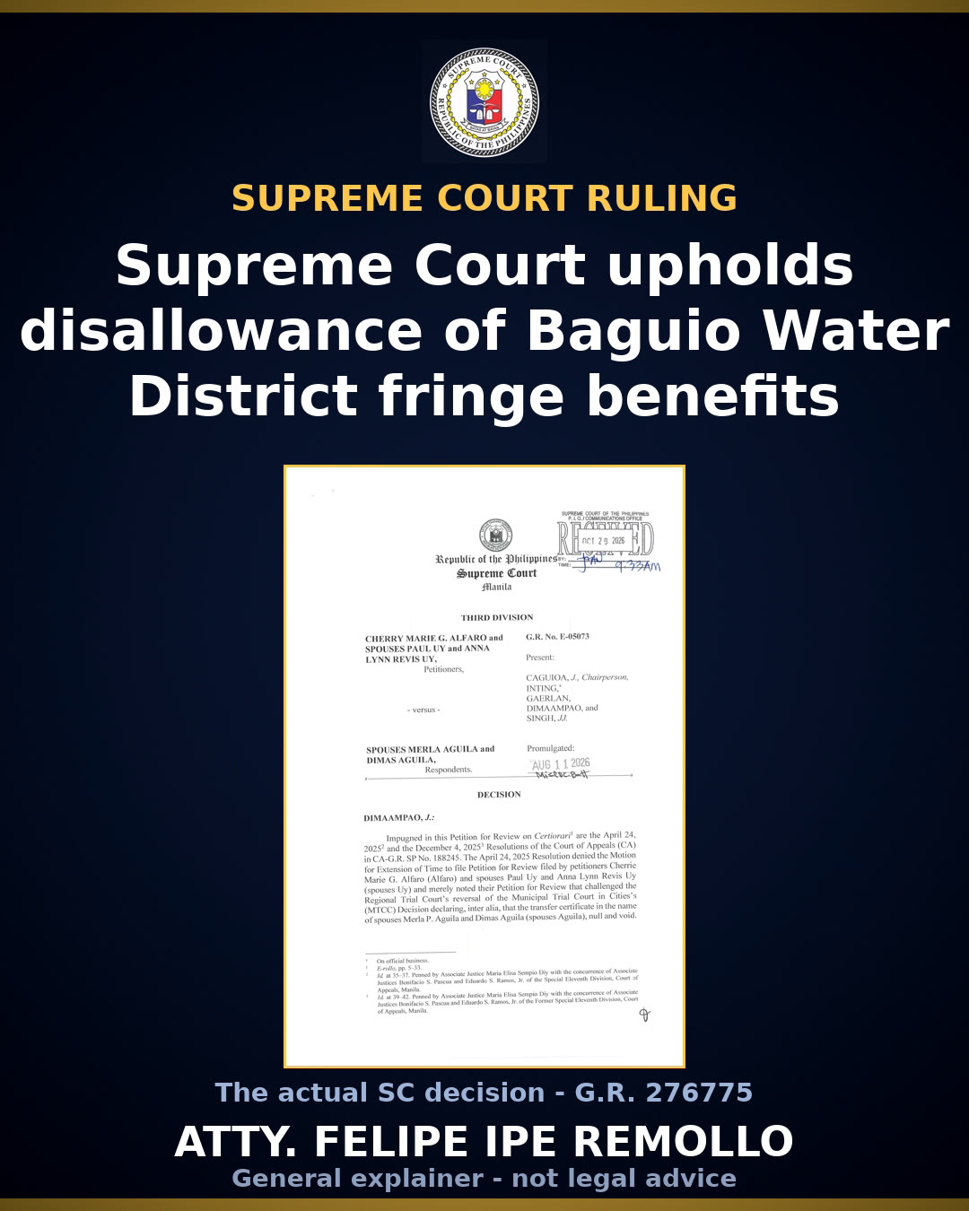 SC affirms COA disallowance of Baguio Water District fringe benefits