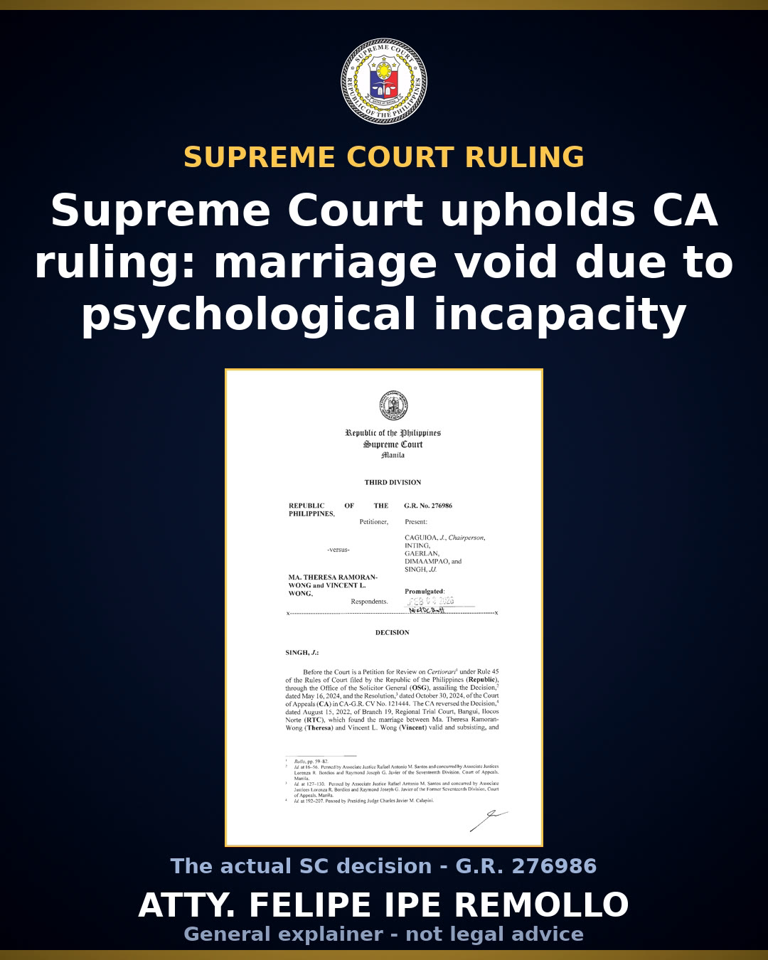SC affirms marriage void over husband's psychological incapacity