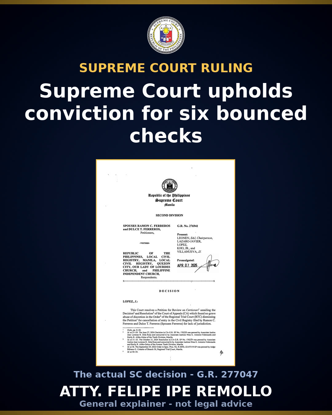 SC upholds conviction of spouses Carlos in 6 bouncing check cases